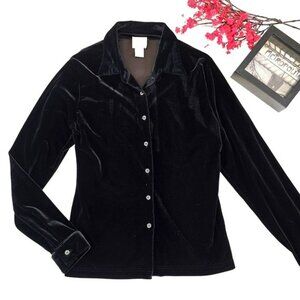 Vintage Elegant Black Velvet Women's Blouse Size Medium Long Sleeves Whimsigoth